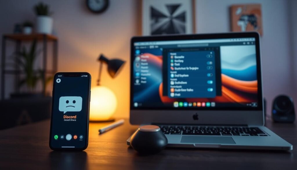 A visually engaging digital workspace depicting a split-screen view of mobile and Mac devices displaying a Discord screen share interface. In the foreground, a smartphone shows the Discord app with a clear indication of a screen share session, while in the middle ground, a MacBook screen displays the same session with a focus on audio settings. Soft, ambient lighting creates a tech-savvy atmosphere, while a slight blur in the background suggests a cozy room with modern tech accessories, enhancing focus on the devices. The perspective is slightly angled to provide depth, emphasizing the contrast between the mobile and desktop experiences. No text or labels are included, ensuring a clean and professional appearance. A visually engaging digital workspace depicting a split-screen view of mobile and Mac devices displaying a Discord screen share interface. In the foreground, a smartphone shows the Discord app with a clear indication of a screen share session, while in the middle ground, a MacBook screen displays the same session with a focus on audio settings. Soft, ambient lighting creates a tech-savvy atmosphere, while a slight blur in the background suggests a cozy room with modern tech accessories, enhancing focus on the devices. The perspective is slightly angled to provide depth, emphasizing the contrast between the mobile and desktop experiences. No text or labels are included, ensuring a clean and professional appearance.