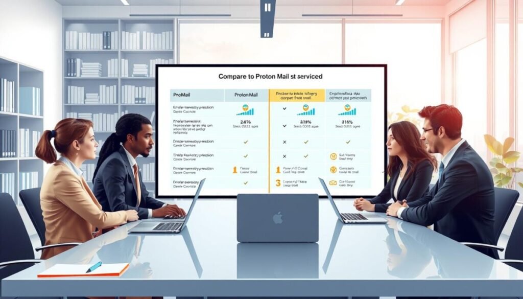 A visually engaging illustration depicting a professional office setting focused on comparing email services. In the foreground, a group of four diverse business professionals, dressed in business attire, are gathered around a sleek conference table filled with laptops and notepads, debating over encrypted email options. In the middle ground, a large digital screen shows a comparative chart of Proton Mail and its competitors, featuring colorful graphs and icons representing security features. The background should display soft-focus bookshelves filled with technology literature and a large window letting in natural light, creating a bright, intellectual atmosphere. The mood is collaborative and analytical, emphasizing the importance of choosing the right secure email service. The image should be well-lit, evoking a clear, professional ambiance. A visually engaging illustration depicting a professional office setting focused on comparing email services. In the foreground, a group of four diverse business professionals, dressed in business attire, are gathered around a sleek conference table filled with laptops and notepads, debating over encrypted email options. In the middle ground, a large digital screen shows a comparative chart of Proton Mail and its competitors, featuring colorful graphs and icons representing security features. The background should display soft-focus bookshelves filled with technology literature and a large window letting in natural light, creating a bright, intellectual atmosphere. The mood is collaborative and analytical, emphasizing the importance of choosing the right secure email service. The image should be well-lit, evoking a clear, professional ambiance.