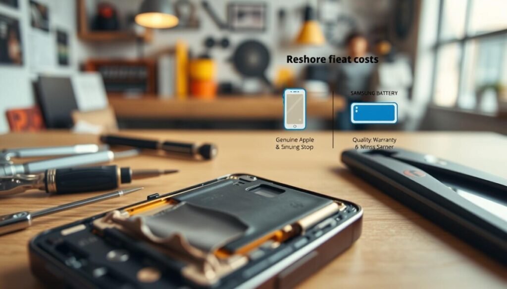 A visually engaging illustration depicting the factors influencing phone battery replacement costs. In the foreground, a disassembled smartphone with a prominent, worn-out battery, surrounded by tools such as a screwdriver and a multi-tool. The middle ground features a detailed breakdown of battery types—genuine Apple and Samsung batteries versus third-party options—illustrated with icons representing cost, quality, and warranty considerations. In the background, a subtle blurred image of a repair shop to set the context, with warm, inviting lighting creating a welcoming atmosphere. The composition captures a sense of professionalism and clarity, encouraging understanding of the various elements involved in battery replacement costs. The lens perspective should be a mid-range close-up to emphasize the importance of the components without overwhelming the viewer. A visually engaging illustration depicting the factors influencing phone battery replacement costs. In the foreground, a disassembled smartphone with a prominent, worn-out battery, surrounded by tools such as a screwdriver and a multi-tool. The middle ground features a detailed breakdown of battery types—genuine Apple and Samsung batteries versus third-party options—illustrated with icons representing cost, quality, and warranty considerations. In the background, a subtle blurred image of a repair shop to set the context, with warm, inviting lighting creating a welcoming atmosphere. The composition captures a sense of professionalism and clarity, encouraging understanding of the various elements involved in battery replacement costs. The lens perspective should be a mid-range close-up to emphasize the importance of the components without overwhelming the viewer.