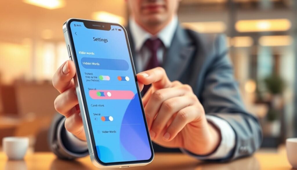 A visually engaging illustration of a "hidden words filter" concept, focused on the theme of digital communication management. In the foreground, a sleek smartphone screen displays a vibrant interface showing app settings, including a section labeled "Hidden Words." Use bright colors to highlight key features like toggle switches, sliders, and a list of hidden words in a subtle blur effect to suggest they are obscured. In the middle ground, a person's hand, dressed in professional business attire, interacts with the screen, showcasing a sense of control and focus. The background should be a softly blurred, modern workspace with ambient lighting, creating a productive atmosphere. Opt for a warm color palette to evoke a sense of clarity and convenience while ensuring the overall composition maintains a polished aesthetic. A visually engaging illustration of a "hidden words filter" concept, focused on the theme of digital communication management. In the foreground, a sleek smartphone screen displays a vibrant interface showing app settings, including a section labeled "Hidden Words." Use bright colors to highlight key features like toggle switches, sliders, and a list of hidden words in a subtle blur effect to suggest they are obscured. In the middle ground, a person's hand, dressed in professional business attire, interacts with the screen, showcasing a sense of control and focus. The background should be a softly blurred, modern workspace with ambient lighting, creating a productive atmosphere. Opt for a warm color palette to evoke a sense of clarity and convenience while ensuring the overall composition maintains a polished aesthetic.