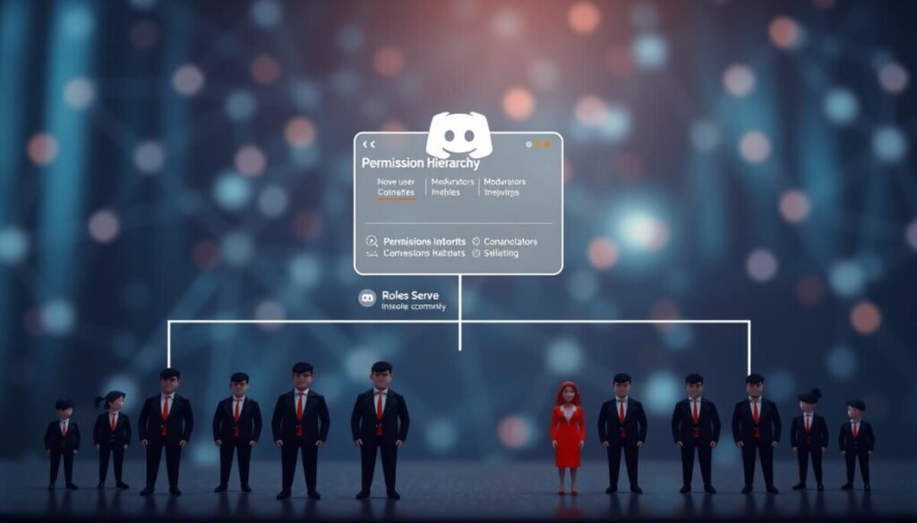 A visually engaging illustration of a "permission hierarchy" concept for Discord, emphasizing the structured levels of user roles within a digital community. In the foreground, depict different user roles, layered from bottom to top—novice users, moderators, and administrators—each represented by distinct icons or avatars, dressed in professional business attire. In the middle ground, showcase a stylized outline of a Discord server interface, with role names elegantly displayed alongside their permissions highlighted in vibrant colors. The background should feature a blurred abstract representation of digital networks, symbolizing connectivity. Use soft, ambient lighting to create a modern, tech-savvy atmosphere, capturing a sense of organization and clarity. The image's angle should be slightly elevated, giving a comprehensive view of the hierarchical structure. A visually engaging illustration of a "permission hierarchy" concept for Discord, emphasizing the structured levels of user roles within a digital community. In the foreground, depict different user roles, layered from bottom to top—novice users, moderators, and administrators—each represented by distinct icons or avatars, dressed in professional business attire. In the middle ground, showcase a stylized outline of a Discord server interface, with role names elegantly displayed alongside their permissions highlighted in vibrant colors. The background should feature a blurred abstract representation of digital networks, symbolizing connectivity. Use soft, ambient lighting to create a modern, tech-savvy atmosphere, capturing a sense of organization and clarity. The image's angle should be slightly elevated, giving a comprehensive view of the hierarchical structure.