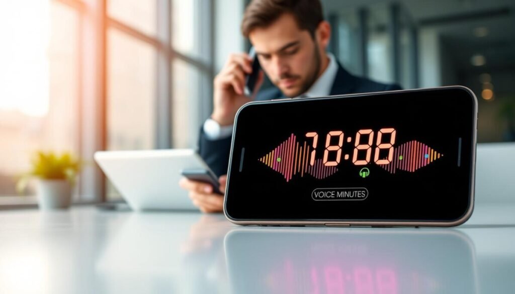 A visually engaging illustration of "voice minutes" represented as a digital clock on a sleek, modern smartphone screen. The foreground features the smartphone displaying vibrant, animated voice waveforms that pulse in sync with colorful icons symbolizing audio conversations. In the middle ground, a professional-looking individual in smart business attire is using the phone, with a look of concentration on their face. The background shows a blurred workspace environment with a soft light filtering through a window, casting an inviting glow. The overall mood conveys a sense of efficiency and productivity, emphasizing modern technology's role in managing daily voice usage limits and subscription options. The composition should have a slightly elevated angle, highlighting the smartphone and its vibrant display against a professional backdrop. A visually engaging illustration of "voice minutes" represented as a digital clock on a sleek, modern smartphone screen. The foreground features the smartphone displaying vibrant, animated voice waveforms that pulse in sync with colorful icons symbolizing audio conversations. In the middle ground, a professional-looking individual in smart business attire is using the phone, with a look of concentration on their face. The background shows a blurred workspace environment with a soft light filtering through a window, casting an inviting glow. The overall mood conveys a sense of efficiency and productivity, emphasizing modern technology's role in managing daily voice usage limits and subscription options. The composition should have a slightly elevated angle, highlighting the smartphone and its vibrant display against a professional backdrop.