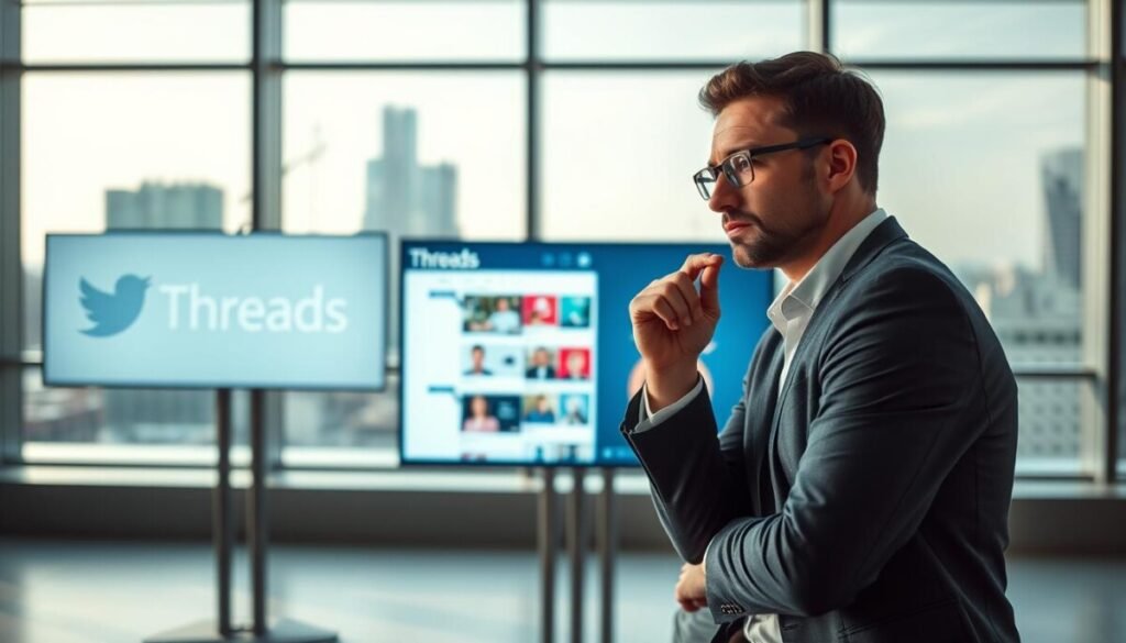 A visually engaging image depicting a professional businessperson in a modern office setting, thoughtfully analyzing two large screens displaying the logos of Threads and X (Twitter). The foreground shows the individual—dressed in smart casual attire—leaning slightly forward, with a focused expression. In the middle ground, the screens are brightly lit, showcasing vibrant user interfaces that represent different features of each platform. The background features a sleek, minimalist office with a cityscape visible through large windows, bathed in natural daylight. The mood is one of contemplation and decision-making, capturing the essence of choosing the right platform for content creators. The angle should subtly emphasize the person’s deliberation, suggesting a moment of insight. A visually engaging image depicting a professional businessperson in a modern office setting, thoughtfully analyzing two large screens displaying the logos of Threads and X (Twitter). The foreground shows the individual—dressed in smart casual attire—leaning slightly forward, with a focused expression. In the middle ground, the screens are brightly lit, showcasing vibrant user interfaces that represent different features of each platform. The background features a sleek, minimalist office with a cityscape visible through large windows, bathed in natural daylight. The mood is one of contemplation and decision-making, capturing the essence of choosing the right platform for content creators. The angle should subtly emphasize the person’s deliberation, suggesting a moment of insight.