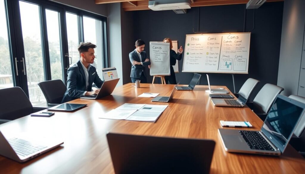 A visually engaging image illustrating the pros and cons of scheduling for modern teams. In the foreground, a sleek wooden conference table with laptops, notebooks, and devices displaying calendar interfaces. In the middle, two well-dressed professionals—one appearing thoughtful and analyzing a digital calendar on a laptop, while the other points towards a whiteboard filled with organized pros and cons lists. The background features a modern office environment with large windows allowing soft daylight to filter in, creating a warm and productive atmosphere. Utilize a high-angle perspective to capture the scene cohesively, with focus on the table and professionals. The overall mood should convey collaboration, efficiency, and the balancing nature of decision-making in a team setting. A visually engaging image illustrating the pros and cons of scheduling for modern teams. In the foreground, a sleek wooden conference table with laptops, notebooks, and devices displaying calendar interfaces. In the middle, two well-dressed professionals—one appearing thoughtful and analyzing a digital calendar on a laptop, while the other points towards a whiteboard filled with organized pros and cons lists. The background features a modern office environment with large windows allowing soft daylight to filter in, creating a warm and productive atmosphere. Utilize a high-angle perspective to capture the scene cohesively, with focus on the table and professionals. The overall mood should convey collaboration, efficiency, and the balancing nature of decision-making in a team setting.