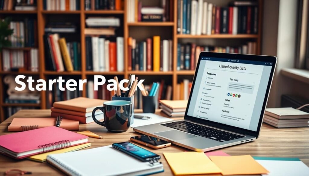 A visually engaging image that embodies the concept of a "starter pack" related to curating high-quality lists. In the foreground, showcase an organized desk filled with notebooks, colorful sticky notes, and a laptop displaying an open list-making app, highlighting categories like "Resources," "Ideas," and "Tips." In the middle, position a coffee cup, stylish pens, and a smartphone with a vibrant wallpaper. The background should feature a well-lit bookshelf filled with books about productivity and creativity. Use soft, natural lighting to create a warm, inviting atmosphere, evoking a sense of professionalism and creativity. Capture the scene from a slightly elevated angle, emphasizing the desktop arrangement while ensuring a clean and organized aesthetic.
