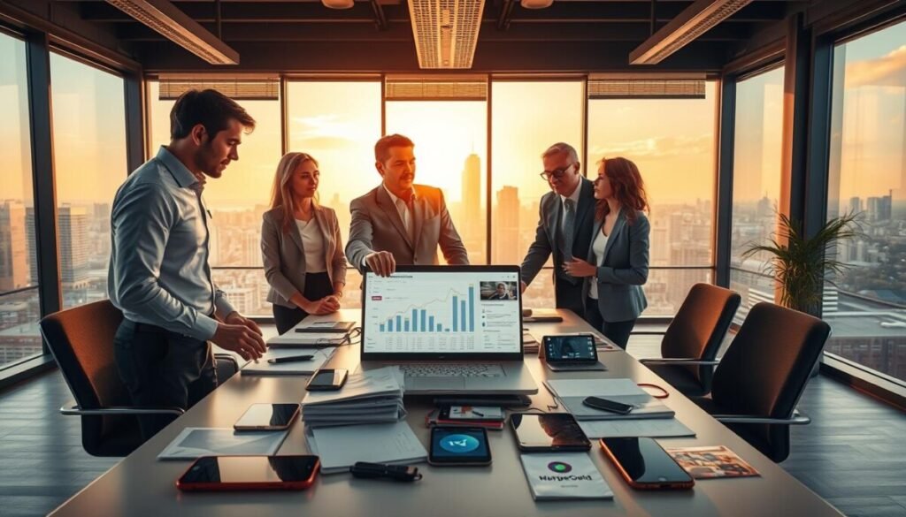 A visually engaging scene depicting a professional, modern workspace illustrating the concept of partnering with advertising marketplaces for a Telegram channel. In the foreground, a diverse group of three professionals in business attire is engaged in a collaborative discussion, pointing at a laptop displaying graph charts and statistics related to digital advertising. The middle layer features a sleek table cluttered with marketing materials, phones, and digital devices showcasing various advertising platforms. In the background, large windows reveal a cityscape bathed in warm afternoon light, creating a vibrant atmosphere filled with optimism. The overall mood is focused and dynamic, emphasizing innovation and teamwork, with soft shadowing to enhance depth and realism.