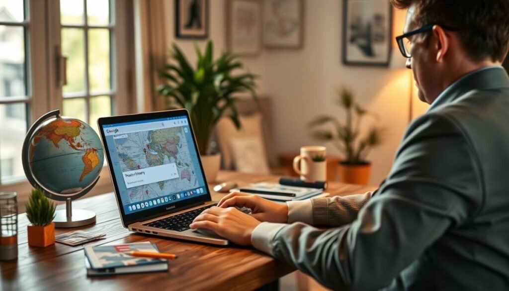 A visually engaging scene depicting a user interacting with a laptop displaying Google Maps Timeline. In the foreground, a person in smart casual attire sits at a wooden desk, intently focused on the screen, which shows a colorful map interface with travel history pins and the "Edit" option highlighted. The middle ground features travel memorabilia like a globe, postcards, and a small travel journal, creating a sense of exploration. The background reveals a cozy room with soft, warm lighting illuminating the space through a window, giving off a relaxed and inviting atmosphere. A potted plant adds a touch of freshness, enhancing the travel theme without distractions. The overall mood is one of productivity and curiosity, conveying the act of refining personal travel experiences.