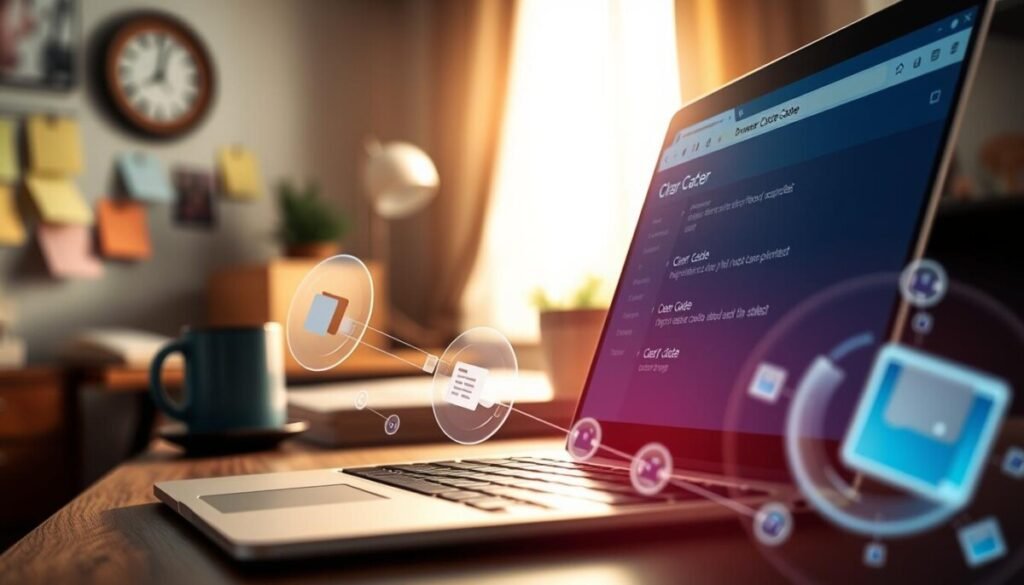A visually engaging scene illustrating "browser cache" management. In the foreground, a sleek laptop screen displays a modern web browser with an open settings menu showcasing “Clear Cache” options. The background features a blurred desktop with sticky notes and a cup of coffee, conveying a cozy workspace atmosphere. Soft, natural lighting streams in from a nearby window, creating a warm ambiance. In the middle ground, subtle digital graphics represent data flow, like translucent circular disks and file icons, symbolizing cached data. The angle is slightly tilted to provide depth, and the overall mood is focused yet relaxed, evoking a sense of productivity in a digital environment. No text or distracting elements should be included. A visually engaging scene illustrating "browser cache" management. In the foreground, a sleek laptop screen displays a modern web browser with an open settings menu showcasing “Clear Cache” options. The background features a blurred desktop with sticky notes and a cup of coffee, conveying a cozy workspace atmosphere. Soft, natural lighting streams in from a nearby window, creating a warm ambiance. In the middle ground, subtle digital graphics represent data flow, like translucent circular disks and file icons, symbolizing cached data. The angle is slightly tilted to provide depth, and the overall mood is focused yet relaxed, evoking a sense of productivity in a digital environment. No text or distracting elements should be included.