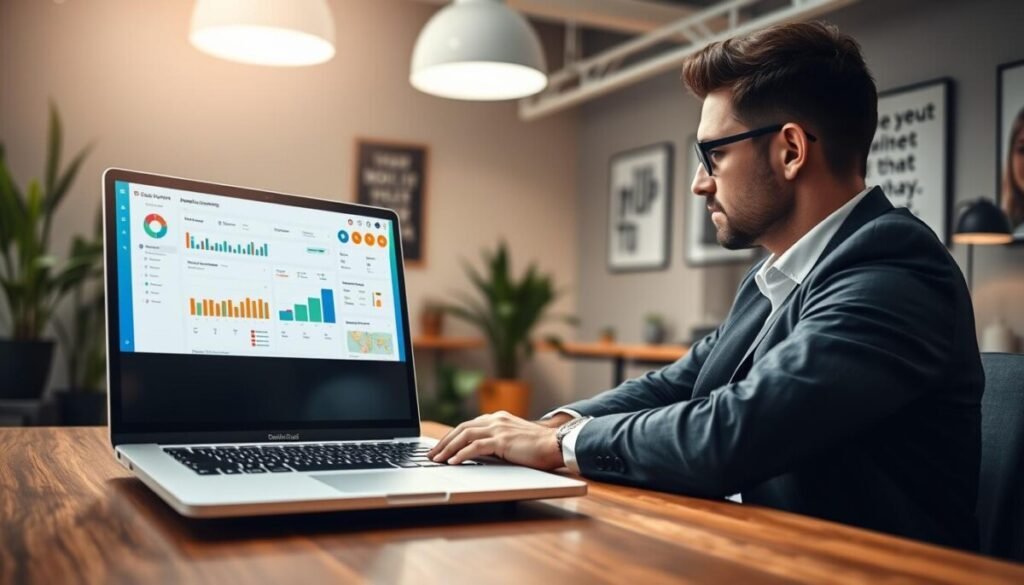 A visually engaging user experience interface design displayed on a sleek laptop screen, situated on a modern wooden desk. In the foreground, a well-dressed professional, seated comfortably, is focused on evaluating the interface, showcasing a mix of charts, graphs, and user-friendly buttons. The middle ground features the laptop with a clean, organized layout, highlighting vibrant colors and intuitive navigation elements. In the background, a softly lit office environment exudes a collaborative atmosphere, adorned with potted plants and motivational artwork on the walls. The lighting is bright yet diffused, casting a professional and inviting glow. The overall mood is innovative and productive, emphasizing a seamless interaction experience.