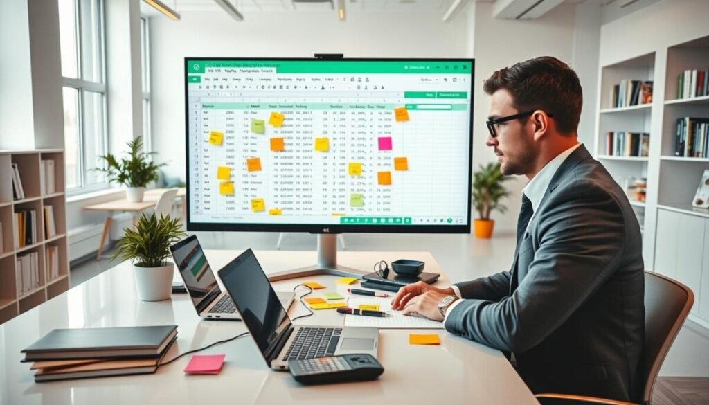 A visually engaging workspace featuring a large screen displaying a vibrant Google Sheets interface with logical functions in action. Foreground: a professional man in business attire, focused on the screen with data charts and logical formulas, surrounded by colorful sticky notes. Middle: a sleek desk cluttered with a laptop, notepad, and a calculator, while a potted plant adds a touch of green. Background: a well-lit modern office with large windows allowing natural light to flood in, soft white walls, and shelves filled with books on data analysis. The mood is one of concentration and productivity, emphasizing clarity and analysis, with warm lighting creating an inviting atmosphere. The composition captures the essence of data-driven decision-making using logical functions.