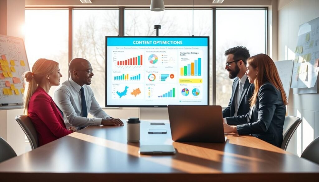 A visually engaging workspace scene depicting best practices for content optimization. In the foreground, a diverse group of three professionals in smart business attire is collaborating around a sleek conference table, reviewing a vibrant digital presentation on a laptop. The middle ground features a large digital screen showing colorful graphs and key insights about content optimization strategies. Bright sunlight filters through large windows, creating a warm and inviting atmosphere. In the background, whiteboards filled with brainstorming ideas and post-it notes enhance the setting, suggesting creativity and teamwork. The overall mood is dynamic, focused, and inspiring, perfect for emphasizing effective content strategies in a modern business context.