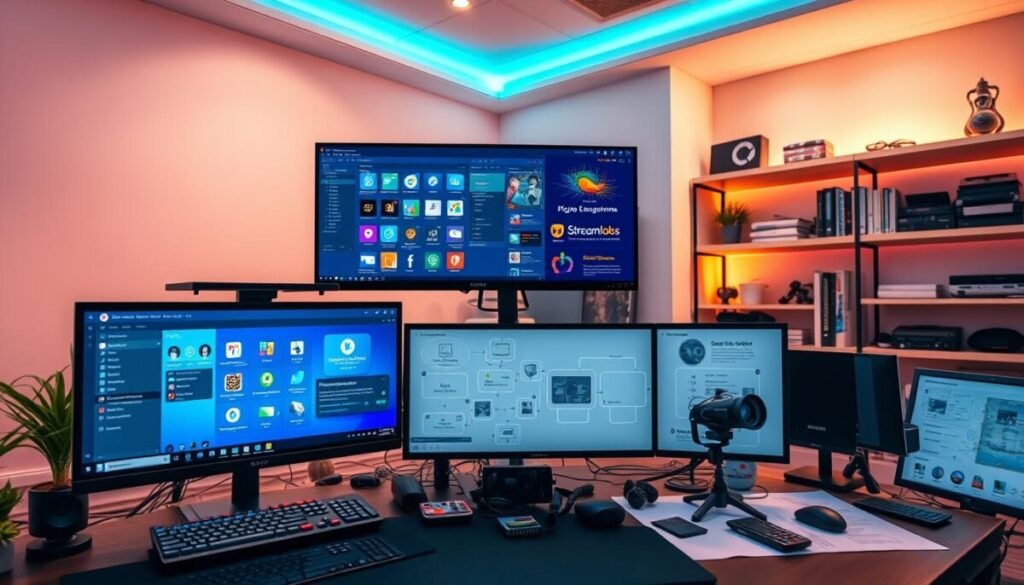 A visually engaging workspace scene focused on customization options and plugin ecosystems for streaming software. In the foreground, a high-tech computer setup with dual monitors displaying vibrant user interfaces for OBS and Streamlabs, showcasing various plugin icons and customization settings. The middle layer features an organized desk cluttered with streaming gear, like a microphone and camera, alongside illustrated diagrams and flowcharts depicting plugin integrations. The background includes soft, ambient lighting with a subtle hue to convey a productive atmosphere, highlighting shelves filled with tech books and digital accessories. Use a wide-angle lens effect to capture the expanse of the setup, ensuring a modern and inviting mood. The image should evoke creativity and innovation in the streaming community.