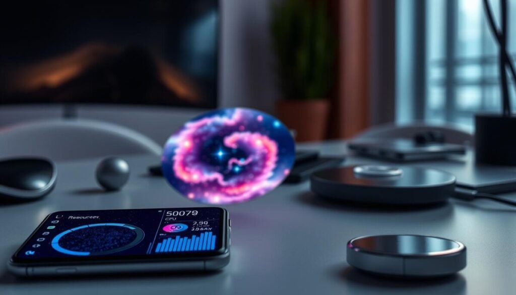 A visually striking close-up of a smartphone screen displaying a vibrant, resource-heavy live wallpaper featuring a swirling galaxy of stars and colorful nebulae. In the foreground, include a digital dashboard showing CPU, memory, and battery usage, indicating high resource consumption. The middle layer should depict the smartphone on a sleek, modern desk surrounded by subtle tech gadgets, with the screen’s glow reflecting off the surface. The background features a dimly lit room, creating a cozy yet tech-savvy atmosphere. Use soft, ambient lighting to highlight the details of the wallpaper and the device’s screen, capturing the intricate visuals while maintaining a professional and engaging mood.