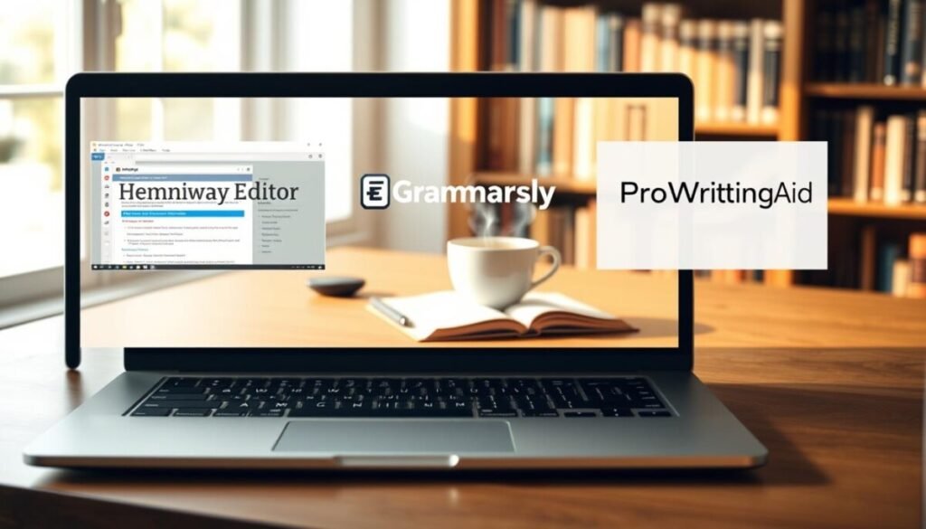 A visually striking comparison chart illustrating the Hemingway Editor, Grammarly, and ProWritingAid. In the foreground, a modern laptop is open, displaying side-by-side screenshots of each writing tool’s interface. The middle layer features a desk adorned with a notebook, pen, and a steaming coffee cup, symbolizing the writing process. The background showcases a soft-focus bookshelf filled with classic literature, suggesting a scholarly atmosphere. The lighting is warm and inviting, emanating from a nearby window, casting gentle shadows to create a cozy workspace feel. The overall mood is focused and productive, emphasizing clarity and efficiency in writing, with an underlying sense of professionalism. A visually striking comparison chart illustrating the Hemingway Editor, Grammarly, and ProWritingAid. In the foreground, a modern laptop is open, displaying side-by-side screenshots of each writing tool’s interface. The middle layer features a desk adorned with a notebook, pen, and a steaming coffee cup, symbolizing the writing process. The background showcases a soft-focus bookshelf filled with classic literature, suggesting a scholarly atmosphere. The lighting is warm and inviting, emanating from a nearby window, casting gentle shadows to create a cozy workspace feel. The overall mood is focused and productive, emphasizing clarity and efficiency in writing, with an underlying sense of professionalism.