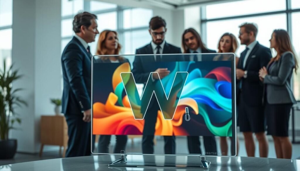 A visually striking composition illustrating the concept of video watermarks for commercial use. In the foreground, a large, translucent digital watermark symbol—like a stylized "W"—sits prominently on a sleek, transparent video screen displaying colorful abstract visuals. In the middle ground, a diverse group of professionals in business attire, both male and female, discuss and analyze the video on the screen, with expressions of concentration and curiosity. The background features a modern office space with minimalistic decor and large windows allowing soft, natural light to illuminate the scene. The atmosphere is one of collaboration and critical evaluation, with an emphasis on clarity and innovation, captured from a slightly elevated angle to convey depth and engagement.