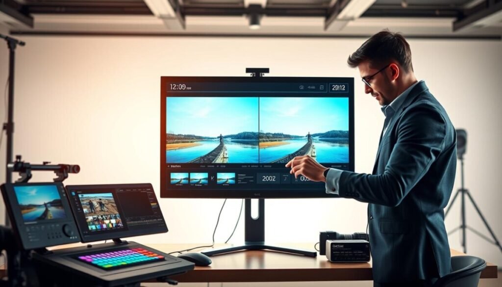 A visually striking composition showcasing best practices for achieving high-resolution results in video upscaling. In the foreground, a professional-looking monitor displays a comparison of low-quality footage versus upscaled high-resolution images, surrounded by sleek editing tools like a color grading panel and a capture card. The middle ground features a focused professional in smart casual attire, intently adjusting settings on the monitor, emphasizing a hands-on approach. In the background, a well-lit, modern studio environment captures the essence of a creative workspace, with soft, diffused lighting that highlights the monitor’s vibrant colors. Use a wide-angle lens to create depth, and maintain a bright, inspiring atmosphere that reflects innovation and creativity in technology. The overall mood should be motivational and tech-savvy, embodying the essence of elevating video quality. A visually striking composition showcasing best practices for achieving high-resolution results in video upscaling. In the foreground, a professional-looking monitor displays a comparison of low-quality footage versus upscaled high-resolution images, surrounded by sleek editing tools like a color grading panel and a capture card. The middle ground features a focused professional in smart casual attire, intently adjusting settings on the monitor, emphasizing a hands-on approach. In the background, a well-lit, modern studio environment captures the essence of a creative workspace, with soft, diffused lighting that highlights the monitor’s vibrant colors. Use a wide-angle lens to create depth, and maintain a bright, inspiring atmosphere that reflects innovation and creativity in technology. The overall mood should be motivational and tech-savvy, embodying the essence of elevating video quality.