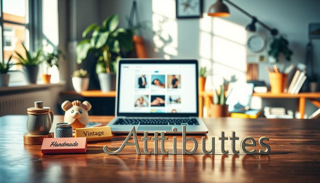 A visually striking composition showcasing the concept of "attributes" in an e-commerce context. In the foreground, a polished wooden table displays various Etsy product items, each labeled with colorful attribute tags such as “Handmade,” “Vintage,” and “Customizable.” The middle ground features a stylish laptop open to the Etsy platform, with a blurred image of an engaging product listing on the screen, highlighting the importance of attributes. In the background, a softly lit workspace with plants and art supplies creates a warm, inviting atmosphere. Natural light streams through a window, casting gentle shadows. The mood is professional yet creative, emphasizing the intersection of art and commerce. The image conveys clarity, optimism, and a focus on visibility in online marketplaces. A visually striking composition showcasing the concept of "attributes" in an e-commerce context. In the foreground, a polished wooden table displays various Etsy product items, each labeled with colorful attribute tags such as “Handmade,” “Vintage,” and “Customizable.” The middle ground features a stylish laptop open to the Etsy platform, with a blurred image of an engaging product listing on the screen, highlighting the importance of attributes. In the background, a softly lit workspace with plants and art supplies creates a warm, inviting atmosphere. Natural light streams through a window, casting gentle shadows. The mood is professional yet creative, emphasizing the intersection of art and commerce. The image conveys clarity, optimism, and a focus on visibility in online marketplaces.