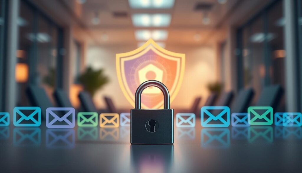 A visually striking concept depicting the theme of privacy and security associated with email aliases. In the foreground, a secure lock symbol rests prominently, surrounded by an array of colorful, abstract email icons representing different aliases. In the middle ground, a blurred, digital shield graphic symbolizes protection, with a transparent effect revealing a digital environment. The background features a softly focused office setting, illuminated by soft, ambient lighting, invoking a sense of professionalism and security. The composition should use a slightly elevated angle to emphasize the lock and shield, creating a sense of depth. The overall mood is reassuring and protective, underscoring the importance of safeguarding personal information in a digital world. A visually striking concept depicting the theme of privacy and security associated with email aliases. In the foreground, a secure lock symbol rests prominently, surrounded by an array of colorful, abstract email icons representing different aliases. In the middle ground, a blurred, digital shield graphic symbolizes protection, with a transparent effect revealing a digital environment. The background features a softly focused office setting, illuminated by soft, ambient lighting, invoking a sense of professionalism and security. The composition should use a slightly elevated angle to emphasize the lock and shield, creating a sense of depth. The overall mood is reassuring and protective, underscoring the importance of safeguarding personal information in a digital world.