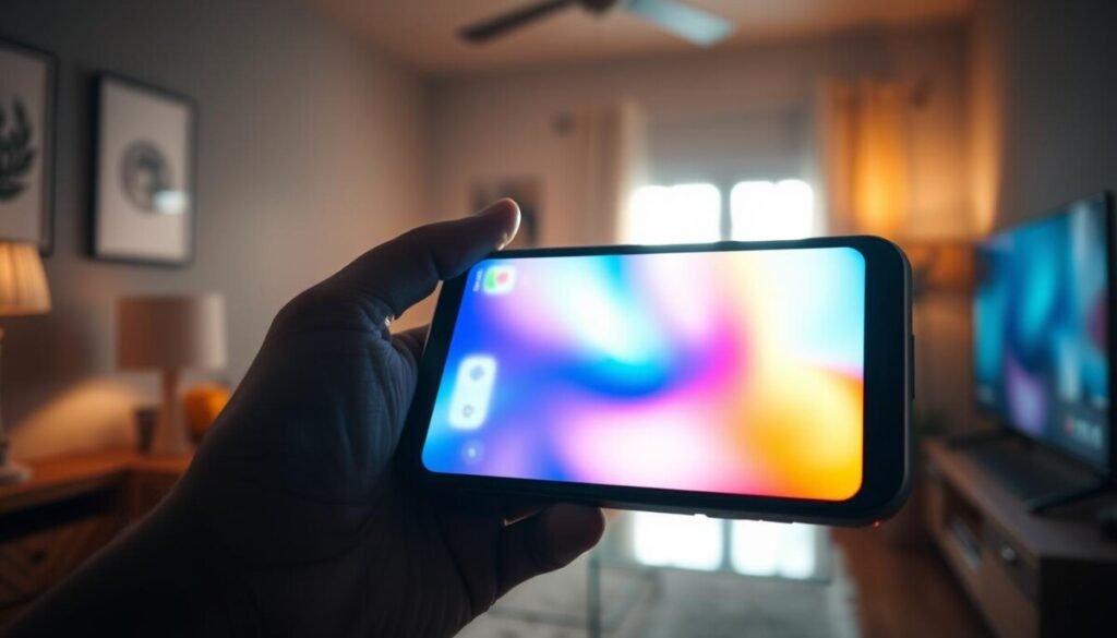 A visually striking depiction of a modern smartphone held in a hand, displaying a bright, dynamic screen interface under varying lighting conditions. In the foreground, the phone's screen radiates with vivid colors, showcasing apps that appear illuminated against a dim ambient backdrop. In the middle ground, a softly illuminated room is visible, hinting at natural light filtering through a window, creating a contrast between the bright screen and the cozy, low-light environment. The background fades into shadows, enhancing the focus on the phone and its brilliant display. Soft glare reflects subtly on the screen surface, suggesting the effect of auto-brightness adjustments. The mood is contemplative, reflecting the theme of technology adapting to different lighting situations, inviting viewers to consider their own brightness settings. A visually striking depiction of a modern smartphone held in a hand, displaying a bright, dynamic screen interface under varying lighting conditions. In the foreground, the phone's screen radiates with vivid colors, showcasing apps that appear illuminated against a dim ambient backdrop. In the middle ground, a softly illuminated room is visible, hinting at natural light filtering through a window, creating a contrast between the bright screen and the cozy, low-light environment. The background fades into shadows, enhancing the focus on the phone and its brilliant display. Soft glare reflects subtly on the screen surface, suggesting the effect of auto-brightness adjustments. The mood is contemplative, reflecting the theme of technology adapting to different lighting situations, inviting viewers to consider their own brightness settings.