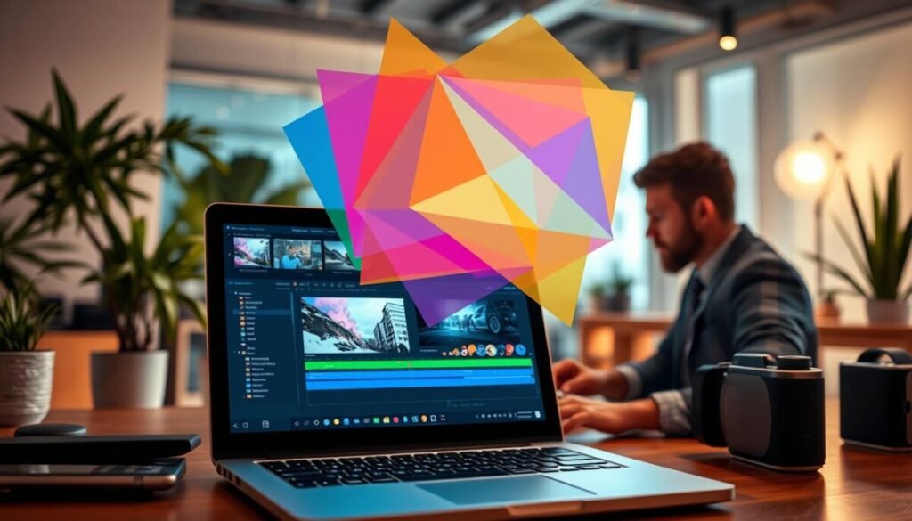 A visually striking digital composition showcasing an editing workspace on a sleek laptop, surrounded by tools of video creation. In the foreground, a focused user in business casual attire interacts with video editing software on the screen, where vibrant overlay effects in various colors and textures are prominently displayed. In the middle ground, a geometric arrangement of colorful semi-transparent layering effects hovers above the laptop, suggesting creativity and innovation in video editing. The background features a softly lit modern workspace with plants and ambient lighting, creating a welcoming and inspiring atmosphere. The overall mood is dynamic and engaging, emphasizing a sense of artistic exploration in video editing.