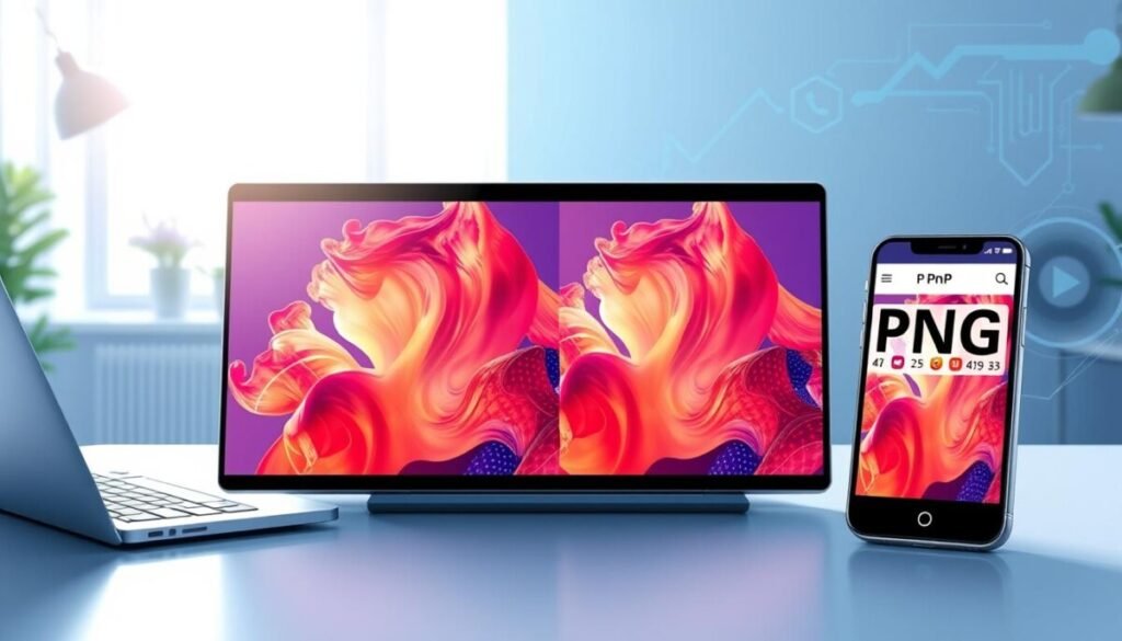 A visually striking digital illustration focusing on the performance benefits of image format optimization, showcasing a split screen comparison. On the left, a vibrant, detailed WebP image exuding sharpness and clarity, with a subtle hint of compression artifacts, while on the right, a high-quality PNG version displayed in an equally vivid manner. In the foreground, sleek digital devices (like a laptop and smartphone) actively showing the images in use, reflecting efficiency. The middle ground features a clean, modern workspace setting emphasizing technology, with soft natural light filtering through a window. The background includes abstract tech graphics symbolizing optimization and speed, with a cool color palette to convey innovation and professionalism. Aim for a sense of clarity and contrast between the two formats, illustrating their performance attributes without any text or distractions. A visually striking digital illustration focusing on the performance benefits of image format optimization, showcasing a split screen comparison. On the left, a vibrant, detailed WebP image exuding sharpness and clarity, with a subtle hint of compression artifacts, while on the right, a high-quality PNG version displayed in an equally vivid manner. In the foreground, sleek digital devices (like a laptop and smartphone) actively showing the images in use, reflecting efficiency. The middle ground features a clean, modern workspace setting emphasizing technology, with soft natural light filtering through a window. The background includes abstract tech graphics symbolizing optimization and speed, with a cool color palette to convey innovation and professionalism. Aim for a sense of clarity and contrast between the two formats, illustrating their performance attributes without any text or distractions.