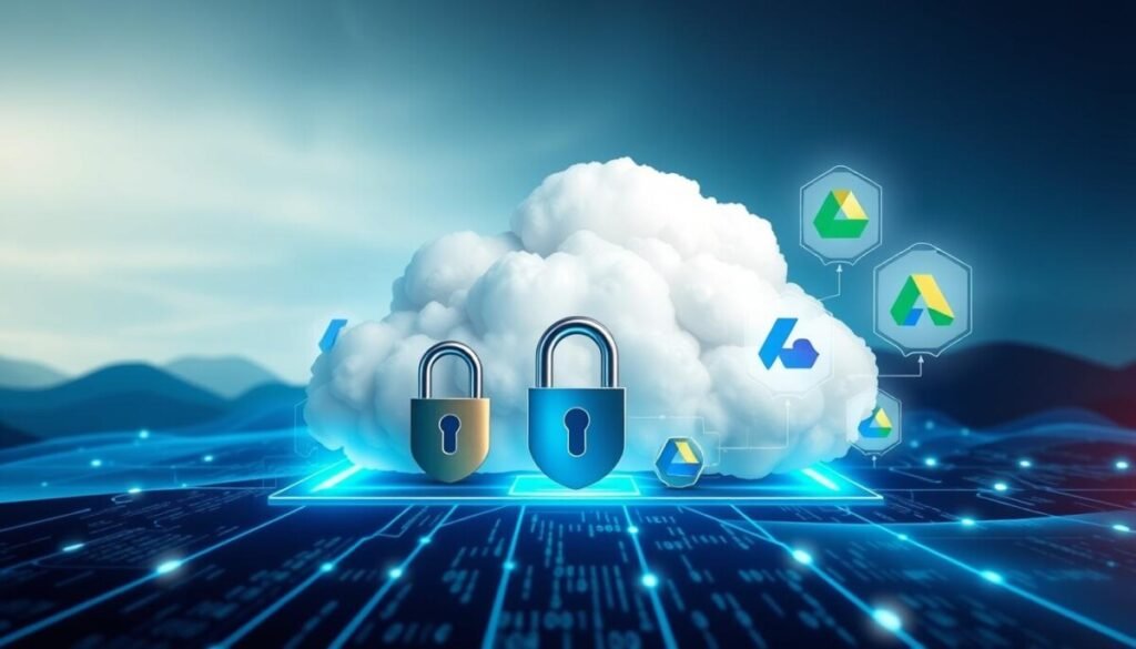 A visually striking digital representation of "security cloud storage" featuring a large, robust cloud at the center, symbolizing data storage. In the foreground, sleek padlocks and shields are entwined with binary code, emphasizing security protocols. The middle ground showcases a virtual interface with floating icons of OneDrive and Google Drive, interconnected by glowing data streams. The background consists of an abstract digital landscape with a gradient of blues and greens, creating a high-tech atmosphere. Soft, ambient lighting casts a futuristic glow, highlighting the connectivity and protection offered by cloud storage systems. The composition should evoke a sense of safety, trust, and modern technology without any text or distracting elements. A visually striking digital representation of "security cloud storage" featuring a large, robust cloud at the center, symbolizing data storage. In the foreground, sleek padlocks and shields are entwined with binary code, emphasizing security protocols. The middle ground showcases a virtual interface with floating icons of OneDrive and Google Drive, interconnected by glowing data streams. The background consists of an abstract digital landscape with a gradient of blues and greens, creating a high-tech atmosphere. Soft, ambient lighting casts a futuristic glow, highlighting the connectivity and protection offered by cloud storage systems. The composition should evoke a sense of safety, trust, and modern technology without any text or distracting elements.