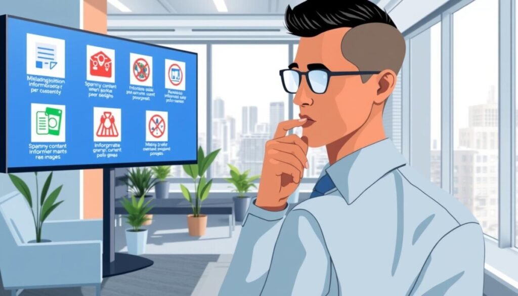 A visually striking illustration depicting common policy violations leading to Google Business Profile suspensions. In the foreground, a professional business person, dressed in formal attire, is gazing thoughtfully at a large digital screen displaying various policy violation icons, such as "misleading information," "spammy content," and "inappropriate images." The middle ground features a modern office environment with sleek furniture and plants, creating a professional, corporate atmosphere. In the background, a large window reveals a busy cityscape. The lighting is bright and clear, emphasizing the importance of compliance, while soft shadows create depth, evoking a sense of urgency but also professionalism. The overall mood is informative and focused, aiming to educate viewers on the significance of adhering to policies. A visually striking illustration depicting common policy violations leading to Google Business Profile suspensions. In the foreground, a professional business person, dressed in formal attire, is gazing thoughtfully at a large digital screen displaying various policy violation icons, such as "misleading information," "spammy content," and "inappropriate images." The middle ground features a modern office environment with sleek furniture and plants, creating a professional, corporate atmosphere. In the background, a large window reveals a busy cityscape. The lighting is bright and clear, emphasizing the importance of compliance, while soft shadows create depth, evoking a sense of urgency but also professionalism. The overall mood is informative and focused, aiming to educate viewers on the significance of adhering to policies.