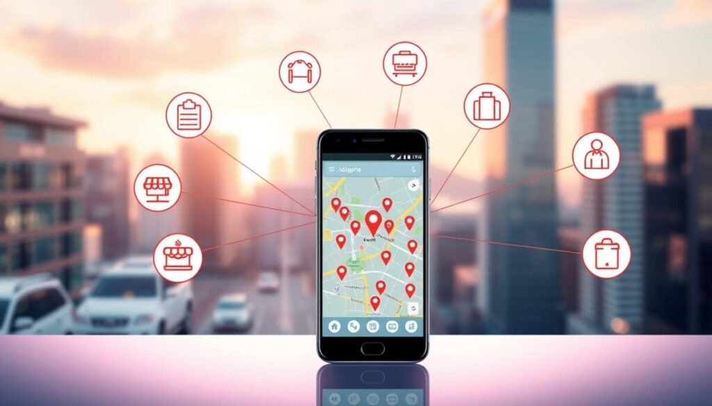 A visually striking illustration depicting various categories for local search in the context of optimizing Google Business Profiles. In the foreground, a modern smartphone displays a vibrant screen with a map interface highlighting local businesses in diverse categories like restaurants, shops, and services. In the middle, icon representations of categories such as food, retail, and healthcare float around the smartphone, connected by thin lines to signify their relationship to local search visibility. The background features a softly blurred urban skyline, suggesting a bustling city atmosphere. The lighting is bright and inviting, suggesting clarity and accessibility, with a depth of field effect focusing on the phone. The mood conveys professionalism and innovation, emphasizing the importance of leveraging categories and keywords for enhancing local search discovery.
