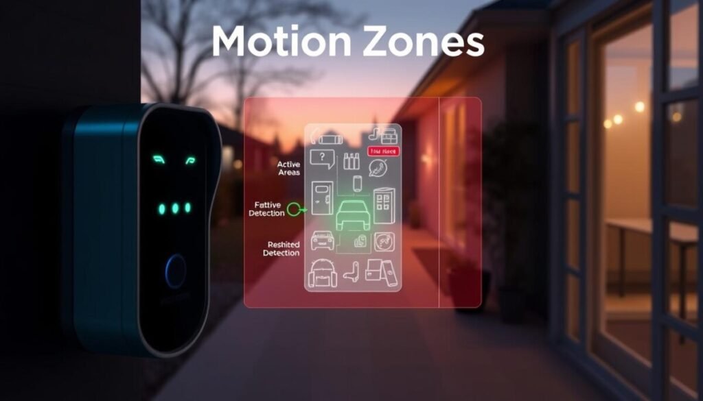 A visually striking illustration representing "motion zones" for a smart doorbell system. In the foreground, a close-up of a well-defined electronic device with glowing indicators, symbolizing motion detection technology. The middle layer features an overlay of a semi-transparent graphic showing various zones in a home, highlighted with soft neon colors—green for active areas, red for restricted zones. The background depicts a serene suburban environment during dusk, with ambient lighting illuminating pathways and doorways. The atmosphere should be calm yet technologically advanced, showcasing the digital integration of the doorbell system into everyday home security. Utilize a wide-angle lens effect to emphasize the depth of the scene, enhancing the sense of motion within the designated zones.