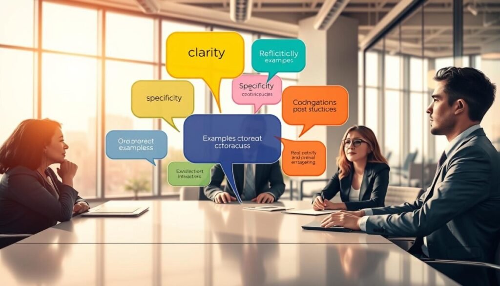 A visually striking illustration that captures advanced techniques for effective prompt writing. In the foreground, a diverse group of three professionals engaged in a brainstorming session, all dressed in business attire, demonstrating collaboration around a sleek conference table. The middle layer features an array of colorful, floating thought bubbles filled with visually represented key concepts such as clarity, specificity, and examples of prompt structures, blending seamlessly into the discussion. In the background, a modern office space with large windows allowing natural light to flood in, creating an inviting atmosphere. The lighting is bright and warm, enhancing a sense of innovation and teamwork. The overall mood is inspiring and focused, embodying the essence of refining AI interactions through effective prompt writing techniques.