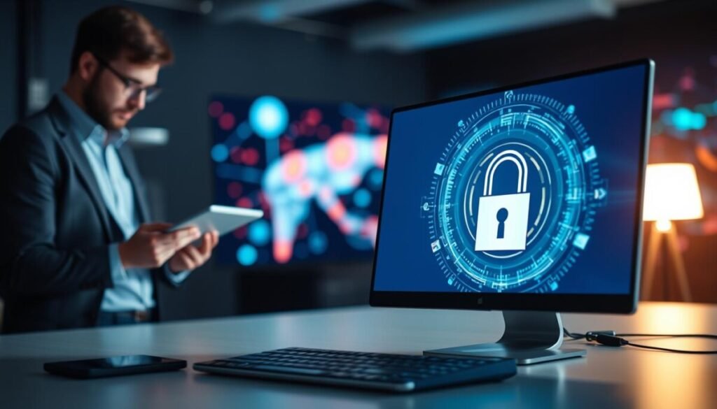 A visually striking image capturing the essence of privacy in the digital age. In the foreground, depict a serene workspace featuring a sleek computer with a lock symbol on the screen, symbolizing data security. To the left, include a professional individual in business attire, intently reviewing digital artwork on a tablet, representing the merging of creativity and technology. The middle ground should showcase a blurred out background of abstract, colorful AI-generated art, illustrating the potential of AI while suggesting the complexity of managing privacy rights. Use soft, focused lighting to create an intimate atmosphere, enhancing the sense of confidentiality. The angle should be slightly overhead, lending a sense of perspective and inviting viewers into this digital world. The overall mood should feel thoughtful and secure, evoking a feeling of responsibility in handling creative content. A visually striking image capturing the essence of privacy in the digital age. In the foreground, depict a serene workspace featuring a sleek computer with a lock symbol on the screen, symbolizing data security. To the left, include a professional individual in business attire, intently reviewing digital artwork on a tablet, representing the merging of creativity and technology. The middle ground should showcase a blurred out background of abstract, colorful AI-generated art, illustrating the potential of AI while suggesting the complexity of managing privacy rights. Use soft, focused lighting to create an intimate atmosphere, enhancing the sense of confidentiality. The angle should be slightly overhead, lending a sense of perspective and inviting viewers into this digital world. The overall mood should feel thoughtful and secure, evoking a feeling of responsibility in handling creative content.