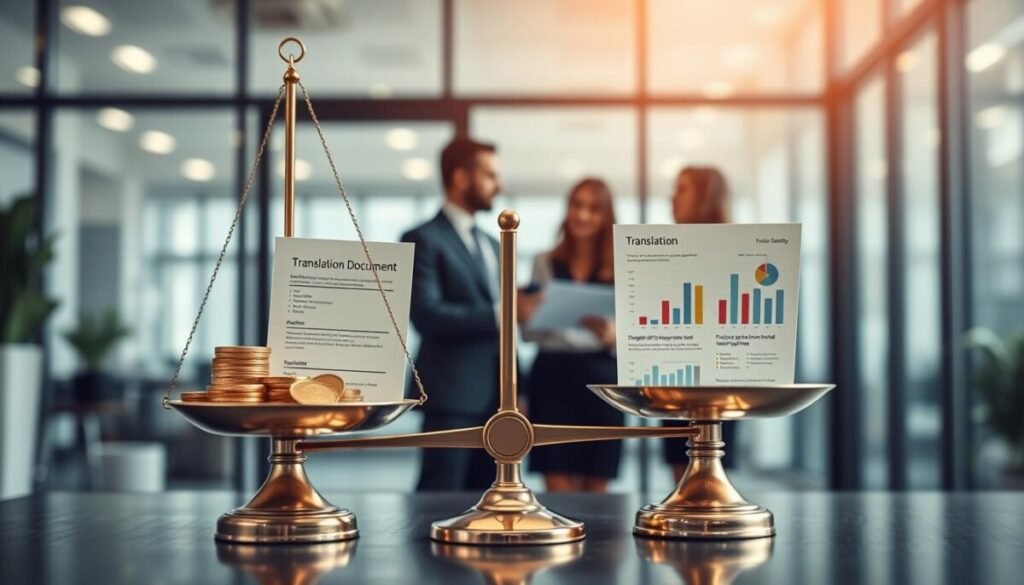 A visually striking image depicting the concept of pricing models and value for money in translation services. In the foreground, an elegant scale balances gold coins on one side and high-quality translation documents on the other, symbolizing the trade-off between cost and quality. The middle ground features a professional, diverse group of business people in smart attire, discussing charts and graphs that illustrate pricing tiers and user satisfaction metrics. The background showcases a modern office environment with large windows allowing natural light to flood in, creating a bright and optimistic atmosphere. Use a shallow depth of field to focus on the scale and people, while softly blurring the office backdrop, enhancing the overall clarity of the central elements.