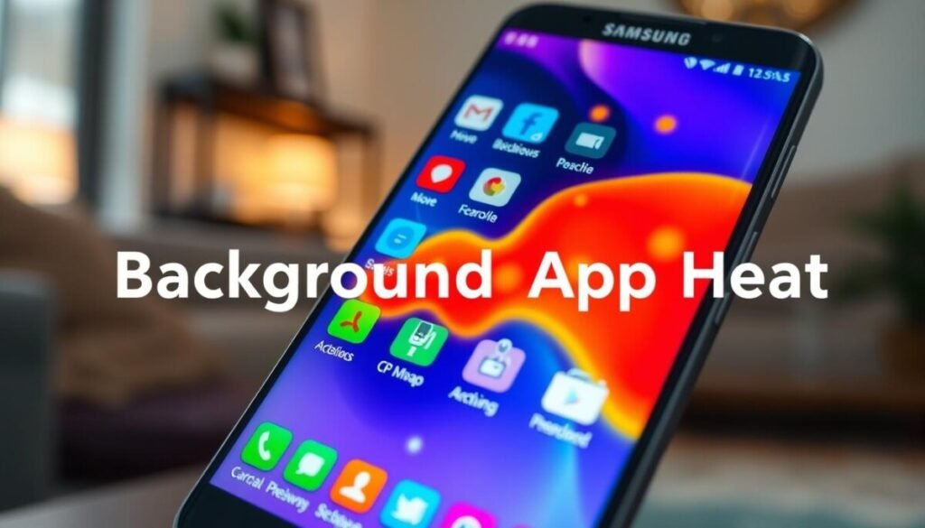 A visually striking image illustrating the concept of "background app heat" on a smartphone screen. In the foreground, a close-up of a Samsung Galaxy device displays a dynamic interface filled with active apps, glowing with vibrant colors. The middle layer features a thermal heat map effect, with areas of red and orange radiating from the apps, visually representing excessive CPU activity. The background is a softly blurred home environment, creating a relatable context, with soft, warm lighting to evoke a sense of comfort. The angle should be slightly tilted for a modern look, adding depth. The overall mood should be engaging yet informative, emphasizing the topic of managing app usage and background activity effectively. A visually striking image illustrating the concept of "background app heat" on a smartphone screen. In the foreground, a close-up of a Samsung Galaxy device displays a dynamic interface filled with active apps, glowing with vibrant colors. The middle layer features a thermal heat map effect, with areas of red and orange radiating from the apps, visually representing excessive CPU activity. The background is a softly blurred home environment, creating a relatable context, with soft, warm lighting to evoke a sense of comfort. The angle should be slightly tilted for a modern look, adding depth. The overall mood should be engaging yet informative, emphasizing the topic of managing app usage and background activity effectively.