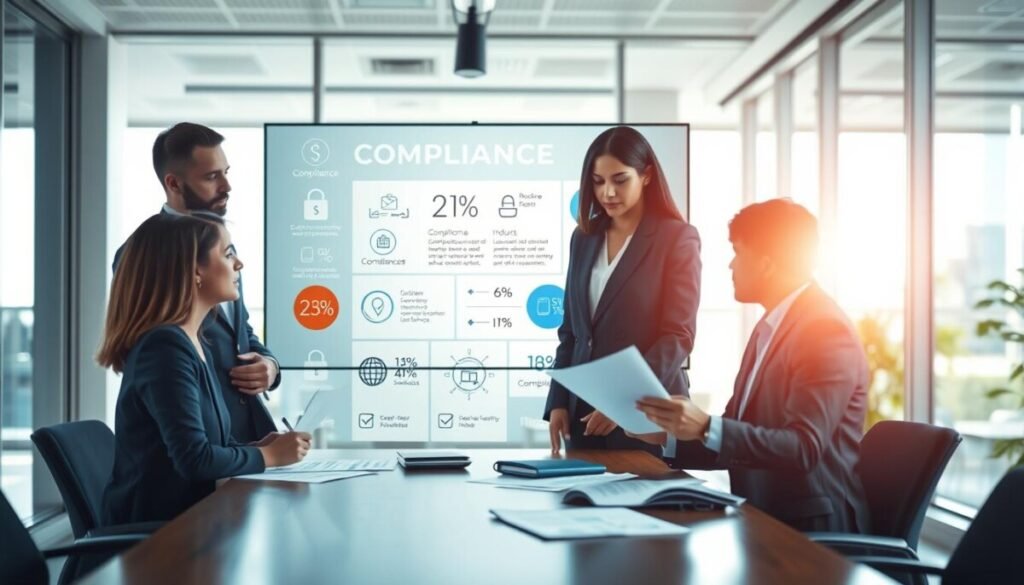 A visually striking office scene depicting compliance messaging in a business environment. In the foreground, a group of three diverse professionals, dressed in smart business attire, are engaged in conversation around a conference table, analyzing documents with regulatory symbols and compliance checklists. The middle ground features a large digital screen showcasing compliance statistics, symbols of data protection, and industry regulations. In the background, a modern office setting with large windows allowing natural light to stream in, creating a bright and focused atmosphere. The mood is serious yet collaborative, highlighting the importance of compliance in communication. The image captures a professional ambiance with a depth of field that emphasizes the subjects while gently blurring the background. A visually striking office scene depicting compliance messaging in a business environment. In the foreground, a group of three diverse professionals, dressed in smart business attire, are engaged in conversation around a conference table, analyzing documents with regulatory symbols and compliance checklists. The middle ground features a large digital screen showcasing compliance statistics, symbols of data protection, and industry regulations. In the background, a modern office setting with large windows allowing natural light to stream in, creating a bright and focused atmosphere. The mood is serious yet collaborative, highlighting the importance of compliance in communication. The image captures a professional ambiance with a depth of field that emphasizes the subjects while gently blurring the background.