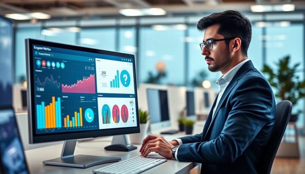 A visually striking representation of engagement metrics in a digital workspace. In the foreground, display a colorful dashboard showing various engagement statistics, including graphs, charts, and social media icons. The middle section features a professional-looking business person in smart casual attire, analyzing the metrics on a sleek computer screen, with a thoughtful expression. The background includes a modern office environment with soft, ambient lighting that creates a productive atmosphere. The scene captures a sense of focus and analysis, inviting the viewer into the dynamic world of digital analytics. Use a wide-angle perspective to emphasize the depth of the workspace, ensuring clarity and detail in all elements. A visually striking representation of engagement metrics in a digital workspace. In the foreground, display a colorful dashboard showing various engagement statistics, including graphs, charts, and social media icons. The middle section features a professional-looking business person in smart casual attire, analyzing the metrics on a sleek computer screen, with a thoughtful expression. The background includes a modern office environment with soft, ambient lighting that creates a productive atmosphere. The scene captures a sense of focus and analysis, inviting the viewer into the dynamic world of digital analytics. Use a wide-angle perspective to emphasize the depth of the workspace, ensuring clarity and detail in all elements.