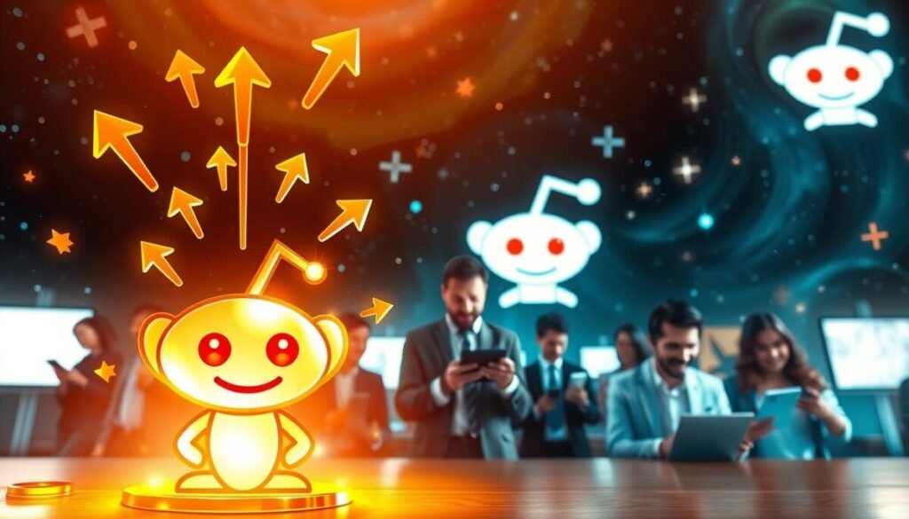 A visually striking representation of "reddit karma" in a digital art style. In the foreground, a large, shining karma trophy shaped like a Reddit alien sits prominently, adorned with golden accents and surrounded by vibrant, floating upvote arrows. The middle ground features a dynamic scene of people engaging on their devices, showcasing diverse individuals in professional attire, happily sharing content and receiving karma. In the background, a stylized Reddit logo is subtly integrated with a cosmic atmosphere filled with swirling galaxies and sparkles representing the positivity and excitement of gaining karma. Use bright, cheerful lighting to convey an uplifting mood, capturing the essence of community engagement and connection in a social media landscape. The angle is slightly low, emphasizing the trophy's prominence and its significance in the Reddit ecosystem. A visually striking representation of "reddit karma" in a digital art style. In the foreground, a large, shining karma trophy shaped like a Reddit alien sits prominently, adorned with golden accents and surrounded by vibrant, floating upvote arrows. The middle ground features a dynamic scene of people engaging on their devices, showcasing diverse individuals in professional attire, happily sharing content and receiving karma. In the background, a stylized Reddit logo is subtly integrated with a cosmic atmosphere filled with swirling galaxies and sparkles representing the positivity and excitement of gaining karma. Use bright, cheerful lighting to convey an uplifting mood, capturing the essence of community engagement and connection in a social media landscape. The angle is slightly low, emphasizing the trophy's prominence and its significance in the Reddit ecosystem.