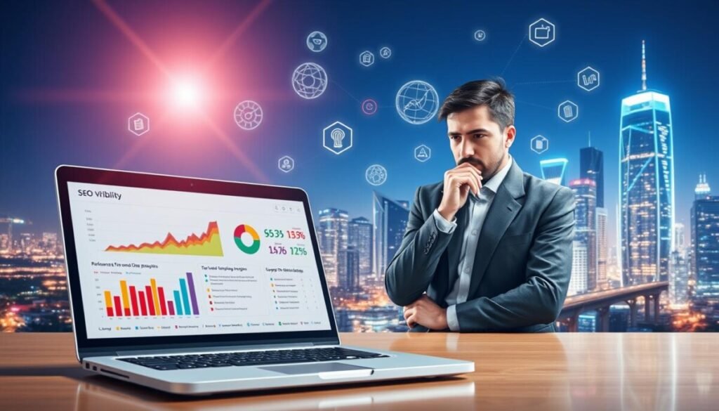 A visually striking scene depicting the concept of "search visibility" in a digital landscape. In the foreground, a modern laptop displays an array of colorful SEO analytics graphs, indicating performance metrics. Beside the laptop, a person in professional business attire thoughtfully examines the data, with a look of curiosity and determination. In the middle ground, dynamic icons representing search engines and various digital marketing tools float, illustrating the interconnectedness of SEO strategies. The background features a futuristic cityscape with skyscrapers made of data streams, symbolizing the vast reach of the internet. The mood is innovative and inspiring, with bright, clear lighting highlighting the figures and elements, and a slight lens flare to create depth and excitement in the scene.