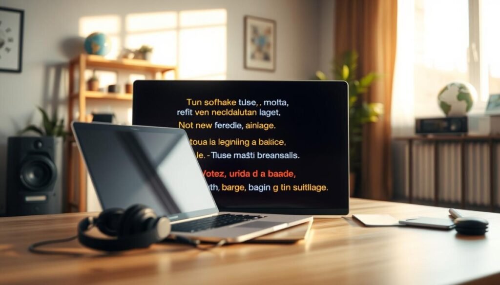 A visually striking scene illustrating subtitles enhancing video accessibility for global audiences. In the foreground, an animated screen displays vibrant subtitle text in multiple languages, showcasing diverse scripts. The middle layer features a modern workspace with a laptop and headphones, indicating video editing tools; soft shadows enhance the realism. The background depicts a cozy room with soft natural light streaming through a large window, casting a warm glow over the scene. A globe rests on a shelf, subtly hinting at global reach and inclusivity. The atmosphere feels inviting and professional, inspiring creativity and collaboration in video captioning. The overall mood is optimistic and empowering, emphasizing the importance of making content accessible to everyone. A visually striking scene illustrating subtitles enhancing video accessibility for global audiences. In the foreground, an animated screen displays vibrant subtitle text in multiple languages, showcasing diverse scripts. The middle layer features a modern workspace with a laptop and headphones, indicating video editing tools; soft shadows enhance the realism. The background depicts a cozy room with soft natural light streaming through a large window, casting a warm glow over the scene. A globe rests on a shelf, subtly hinting at global reach and inclusivity. The atmosphere feels inviting and professional, inspiring creativity and collaboration in video captioning. The overall mood is optimistic and empowering, emphasizing the importance of making content accessible to everyone.