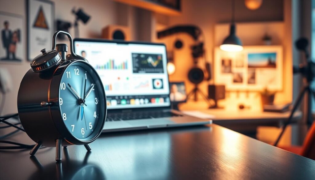 A visually striking scene illustrating the concept of "watch time" in a professional context. In the foreground, a sleek, modern clock with bright, glowing hands symbolizes the relentless passage of time, surrounded by stylized, animated play buttons and watch icons. The middle layer features a softly glowing laptop screen showcasing analytical graphs and charts, illustrating content optimization strategies. In the background, a blurred image of a creative workspace filled with cameras, editing software, and inspiring content hints at the meticulous process of crafting engaging videos. The atmosphere is bright and focused, with warm lighting casting a motivational glow, suggesting urgency and productivity as creators work towards achieving their goals. The angle is slightly elevated, providing a dynamic view of the entire composition, emphasizing the interplay between time management and content creation. A visually striking scene illustrating the concept of "watch time" in a professional context. In the foreground, a sleek, modern clock with bright, glowing hands symbolizes the relentless passage of time, surrounded by stylized, animated play buttons and watch icons. The middle layer features a softly glowing laptop screen showcasing analytical graphs and charts, illustrating content optimization strategies. In the background, a blurred image of a creative workspace filled with cameras, editing software, and inspiring content hints at the meticulous process of crafting engaging videos. The atmosphere is bright and focused, with warm lighting casting a motivational glow, suggesting urgency and productivity as creators work towards achieving their goals. The angle is slightly elevated, providing a dynamic view of the entire composition, emphasizing the interplay between time management and content creation.