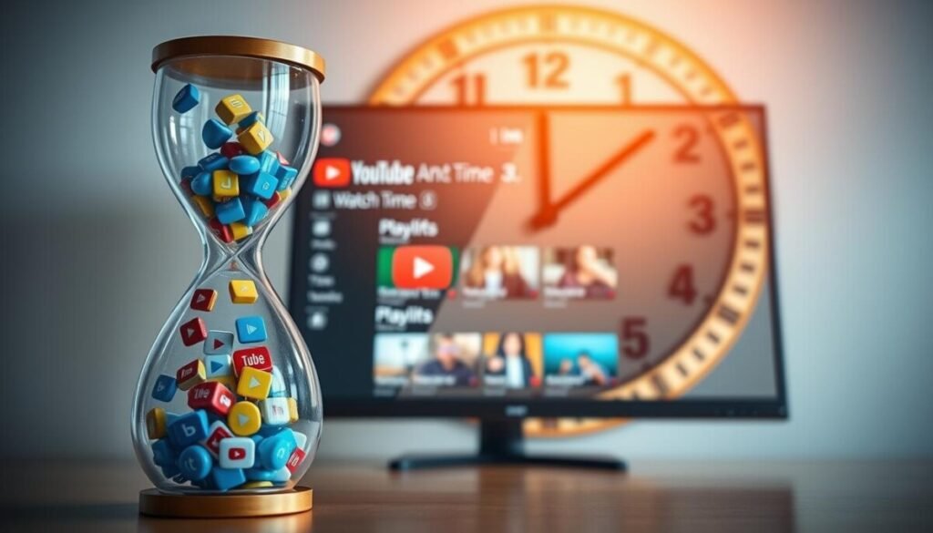 A visually striking scene illustrating the concept of "watch time" on YouTube, featuring a large, detailed hourglass in the foreground, half-filled with vibrant digital icons representing videos and playlists. The middle layer showcases a computer screen displaying an engaging YouTube interface with animated playlists, emphasizing session duration. In the background, a soft focus of an abstract clock face, symbolizing the passage of time, with a warm golden glow evoking a sense of urgency and motivation. The lighting is bright, highlighting the hourglass and the screen, while creating a professional atmosphere. The composition should be balanced, capturing the essence of growth and strategic planning in video content creation, all framed in a modern, clean aesthetic that inspires creativity and organization. A visually striking scene illustrating the concept of "watch time" on YouTube, featuring a large, detailed hourglass in the foreground, half-filled with vibrant digital icons representing videos and playlists. The middle layer showcases a computer screen displaying an engaging YouTube interface with animated playlists, emphasizing session duration. In the background, a soft focus of an abstract clock face, symbolizing the passage of time, with a warm golden glow evoking a sense of urgency and motivation. The lighting is bright, highlighting the hourglass and the screen, while creating a professional atmosphere. The composition should be balanced, capturing the essence of growth and strategic planning in video content creation, all framed in a modern, clean aesthetic that inspires creativity and organization.