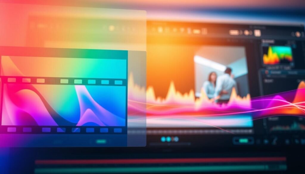 A vivid, dynamic composition illustrating the concept of filters and transitions in video editing. In the foreground, a colorful, semi-transparent video clip frames are visually layered, displaying vibrant gradients and patterns representing various filter effects. The middle ground features sleek, animated transition effects, such as swipes and fades, artistically integrated to suggest movement and fluidity. The background is a softly blurred digital workspace glowing with warm, ambient lighting, hinting at video editing software, with icons and timelines subtly hinted at to maintain focus on the filters and transitions. The overall mood is creative and inviting, with a professional touch, capturing the essence of enhancing visuals for beginners. The angle is slightly top-down, providing a comprehensive view of the editing process.