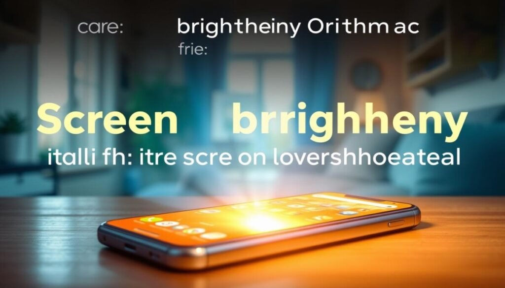 A vivid illustration focusing on screen brightness optimization to represent its impact on preventing overheating. In the foreground, a modern smartphone lies on a wooden desk, its screen glowing with a warm, golden brightness, highlighting intricate app icons. The middle layer features a blurred gradient of soft blue tones radiating from the phone's screen, suggesting an aura of light. In the background, a cozy home setting with a soft-focus window allowing gentle sunlight, creating a harmonious ambiance. The lighting is warm and inviting, emphasizing the contrast between the screen light and natural surroundings. This scene conveys a sense of calm and user-friendliness, reflecting the importance of optimizing settings for better device performance.