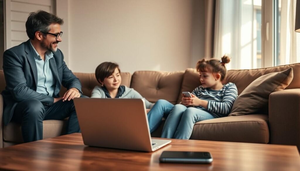 A warm, inviting living room scene depicting a family engaged in open communication about digital safety. In the foreground, a father and mother, dressed in smart casual attire, are attentively listening to their teenage child, who is seated on a cozy couch. The parents display expressions of support and understanding. In the middle ground, a coffee table is adorned with a laptop and a smartphone, symbolizing the parental control apps. The background features soft, warm lighting coming through a window, casting gentle shadows that create a calming atmosphere. The overall mood is one of trust and openness, emphasizing the importance of dialogue in maintaining a healthy relationship around technology use. The lens captures the scene from a slightly elevated angle, highlighting the familial connection. A warm, inviting living room scene depicting a family engaged in open communication about digital safety. In the foreground, a father and mother, dressed in smart casual attire, are attentively listening to their teenage child, who is seated on a cozy couch. The parents display expressions of support and understanding. In the middle ground, a coffee table is adorned with a laptop and a smartphone, symbolizing the parental control apps. The background features soft, warm lighting coming through a window, casting gentle shadows that create a calming atmosphere. The overall mood is one of trust and openness, emphasizing the importance of dialogue in maintaining a healthy relationship around technology use. The lens captures the scene from a slightly elevated angle, highlighting the familial connection.