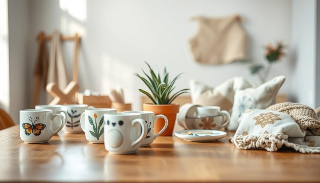 A well-lit, minimalist photography setup showcasing a variety of handcrafted products, centered around a polished wooden table. In the foreground, focus on a beautifully arranged collection of hand-painted ceramic mugs and stylish textile crafts, each displaying their unique designs. The middle ground features a soft-focus plant in a terracotta pot, adding a touch of greenery to the scene. The background should be blurred softly, revealing a neutral-toned wall that enhances the products without distraction. Use natural light coming through a window to create a warm and inviting atmosphere, casting gentle shadows. The lens should capture the scene from a slightly elevated angle to provide depth, conveying a professional and artistic feel.