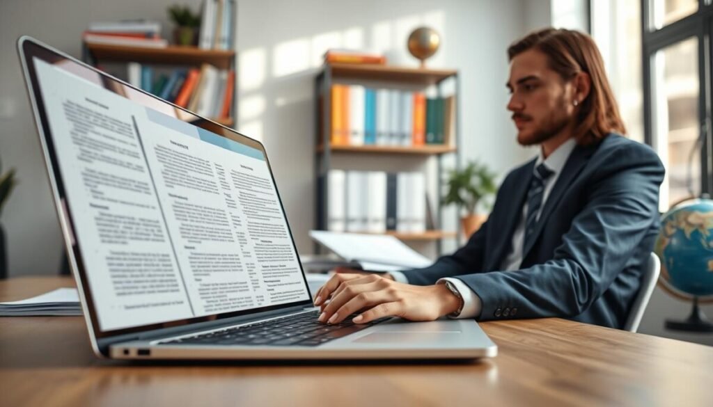 A well-lit modern office scene featuring a professional individual, dressed in business attire, engaged in document translation. In the foreground, a close-up of a laptop screen displays two side-by-side translated documents with visible text in different languages. The middle ground shows the professional diligently typing, with open folders containing various file formats like PDF, Word, and Excel scattered around. In the background, a shelf filled with language reference books and a globe highlights the translation theme. Soft, natural lighting streams through a window, creating a warm and focused atmosphere. The perspective is slightly tilted from the side, providing depth and emphasizing the act of translation, without any added text or distractions. Captured with a shallow depth of field for a professional, polished look.