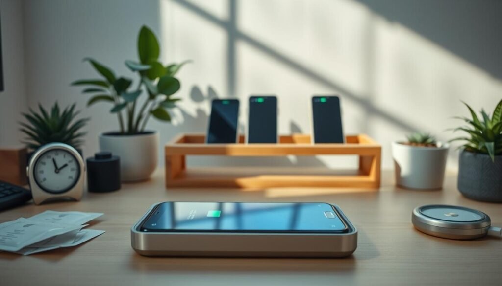 A well-organized and aesthetically pleasing workspace designed for storing a smartphone long-term without damaging the battery. In the foreground, showcase a smartphone placed in a sleek, protective case, surrounded by essential storage accessories like silica gel packets and a temperature gauge. In the middle ground, display a wooden shelf with additional phones stored vertically, indicating their optimal charging level (around 50%). The background features soft, natural lighting filtering through a window, casting gentle shadows that create a calm, organized atmosphere. Incorporate elements like potted plants for a touch of freshness, ensuring a serene and professional vibe throughout the scene. A well-organized and aesthetically pleasing workspace designed for storing a smartphone long-term without damaging the battery. In the foreground, showcase a smartphone placed in a sleek, protective case, surrounded by essential storage accessories like silica gel packets and a temperature gauge. In the middle ground, display a wooden shelf with additional phones stored vertically, indicating their optimal charging level (around 50%). The background features soft, natural lighting filtering through a window, casting gentle shadows that create a calm, organized atmosphere. Incorporate elements like potted plants for a touch of freshness, ensuring a serene and professional vibe throughout the scene.