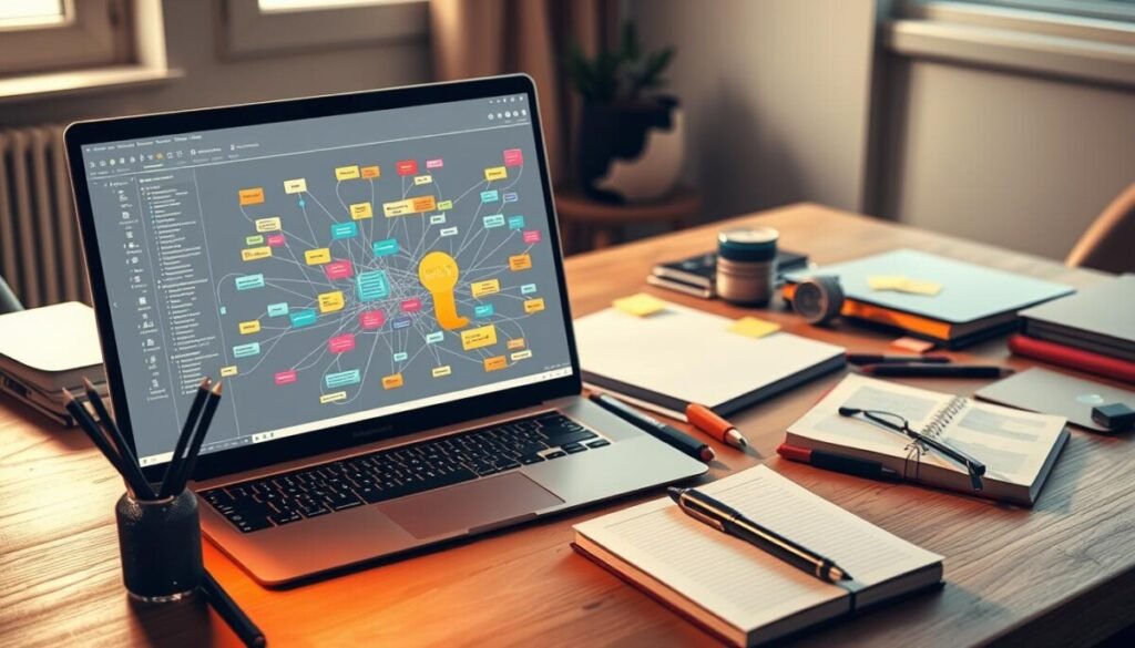 A well-organized digital workspace showcasing a graph view interface, designed for documenting and brainstorming workflows. In the foreground, a glowing laptop screen displays interconnected nodes and vibrant lines representing ideas and relationships, with colorful icons for notes and tasks. The middle area features a stylish desk cluttered with professional tools such as pens, sticky notes, and a notebook, suggesting an active brainstorming session. The background is illuminated by soft, warm light filtering through a window, casting a calm and focused atmosphere. Use a slight overhead perspective to capture the essence of creativity and organization, emphasizing the balance between local files and integrated workspace solutions. The overall mood should inspire productivity and innovation. A well-organized digital workspace showcasing a graph view interface, designed for documenting and brainstorming workflows. In the foreground, a glowing laptop screen displays interconnected nodes and vibrant lines representing ideas and relationships, with colorful icons for notes and tasks. The middle area features a stylish desk cluttered with professional tools such as pens, sticky notes, and a notebook, suggesting an active brainstorming session. The background is illuminated by soft, warm light filtering through a window, casting a calm and focused atmosphere. Use a slight overhead perspective to capture the essence of creativity and organization, emphasizing the balance between local files and integrated workspace solutions. The overall mood should inspire productivity and innovation.