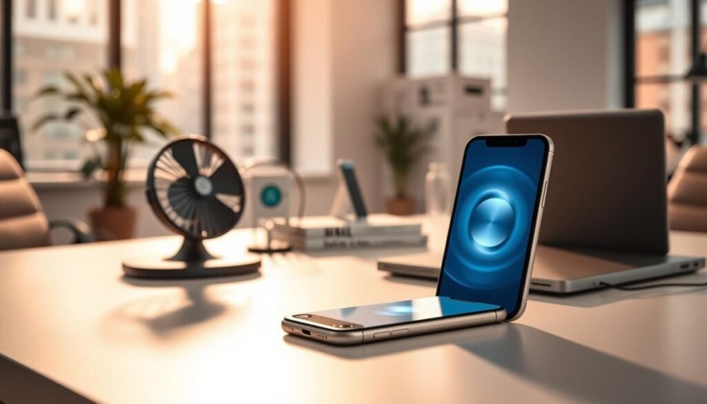A well-organized, professional workspace featuring an iPhone placed on a sleek, modern desk. In the foreground, the iPhone is showcased, with a soft glow emanating from its screen, emphasizing a cooling-down feature with visual hints like a light blue aura. In the middle ground, a subtle collection of tech accessories, such as a portable fan, a small shelf with books on tech maintenance, and a stylish phone holder. The background reveals a clean, minimalist office with large windows allowing warm, natural light to pour in, creating an inviting atmosphere. The overall mood is calm and efficient, illustrating the importance of best practices in device maintenance. The image captures a sense of order and professionalism, ideal for a tech-savvy audience.