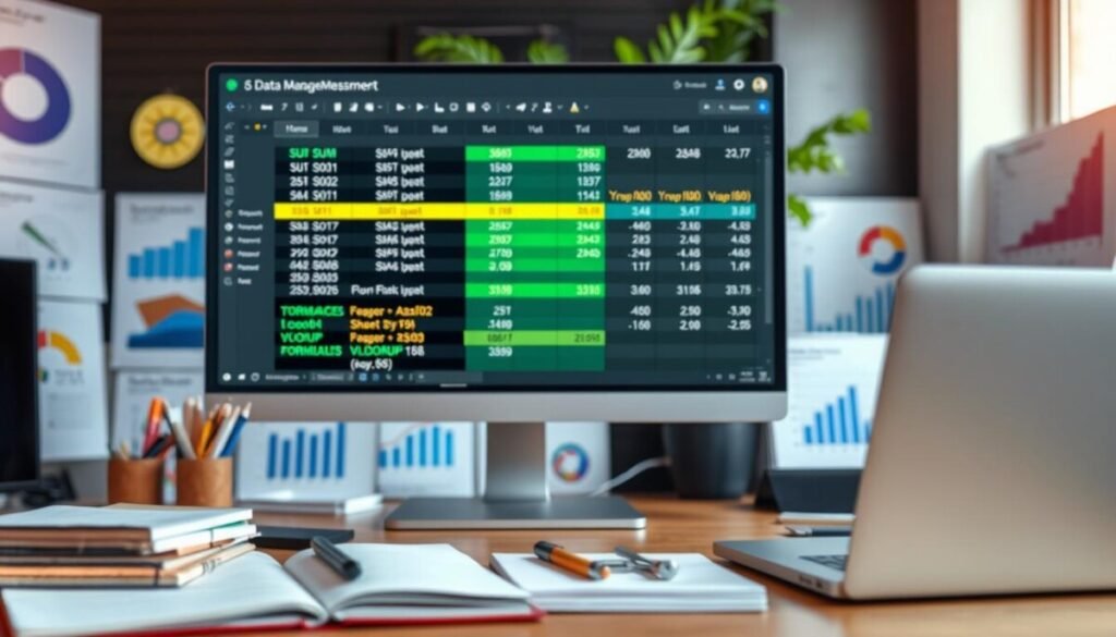 A well-organized workspace featuring a large, high-resolution monitor displaying various data management formulas, surrounded by colorful charts and graphs. In the foreground, neatly arranged office supplies like notebooks, pens, and a laptop are visible. The middle section showcases a digital interface of Google Sheets with highlighted cells showcasing formulas like SUM, AVERAGE, and VLOOKUP. In the background, a lush green plant adds a refreshing touch. Soft ambient lighting creates a warm, inviting atmosphere, while a shallow depth of field brings focus to the monitor, enhancing the mood of productivity and learning. The overall composition is bright and professional, evoking a sense of modern technology and efficiency. A well-organized workspace featuring a large, high-resolution monitor displaying various data management formulas, surrounded by colorful charts and graphs. In the foreground, neatly arranged office supplies like notebooks, pens, and a laptop are visible. The middle section showcases a digital interface of Google Sheets with highlighted cells showcasing formulas like SUM, AVERAGE, and VLOOKUP. In the background, a lush green plant adds a refreshing touch. Soft ambient lighting creates a warm, inviting atmosphere, while a shallow depth of field brings focus to the monitor, enhancing the mood of productivity and learning. The overall composition is bright and professional, evoking a sense of modern technology and efficiency.