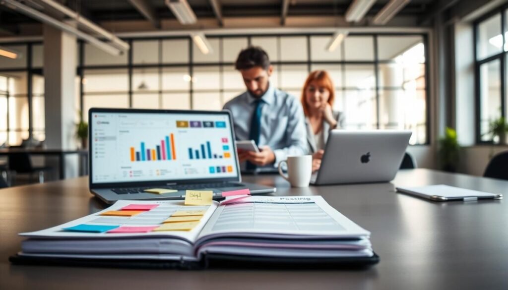 A well-organized workspace featuring a large, modern desk with a sleek laptop open to a visually appealing social media analytics dashboard. In the foreground, a planner filled with colorful sticky notes and a calendar displayed with clearly marked posting dates and times. In the middle, a professional in smart casual attire, focused and taking notes, with a cup of coffee beside them, emphasizing productivity. The background shows a bright, airy office with large windows, allowing natural light to illuminate the scene, creating an inspiring atmosphere. The overall mood is positive and energetic, reflecting the theme of optimizing social media posting schedules. A well-organized workspace featuring a large, modern desk with a sleek laptop open to a visually appealing social media analytics dashboard. In the foreground, a planner filled with colorful sticky notes and a calendar displayed with clearly marked posting dates and times. In the middle, a professional in smart casual attire, focused and taking notes, with a cup of coffee beside them, emphasizing productivity. The background shows a bright, airy office with large windows, allowing natural light to illuminate the scene, creating an inspiring atmosphere. The overall mood is positive and energetic, reflecting the theme of optimizing social media posting schedules.